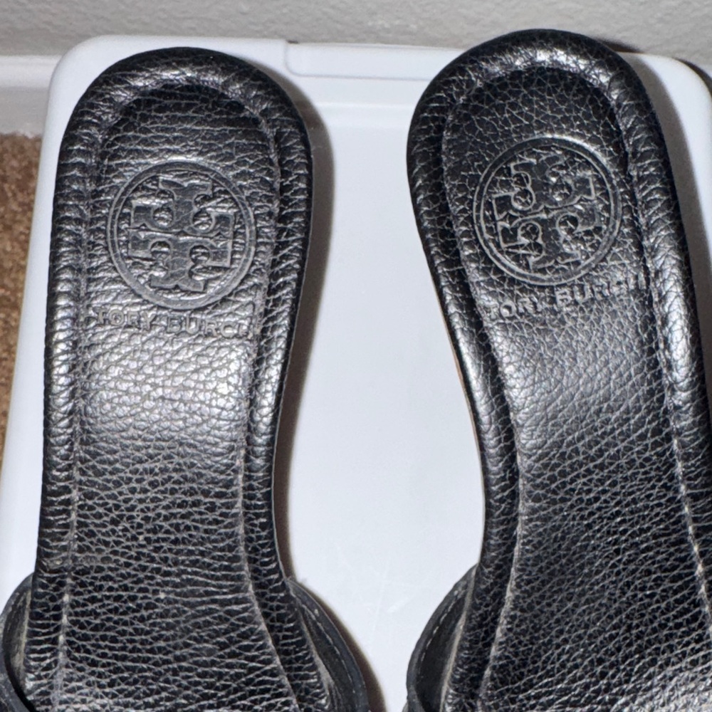 Tory Burch Black and Gold Wedge Sandals - Picture 8 of 10